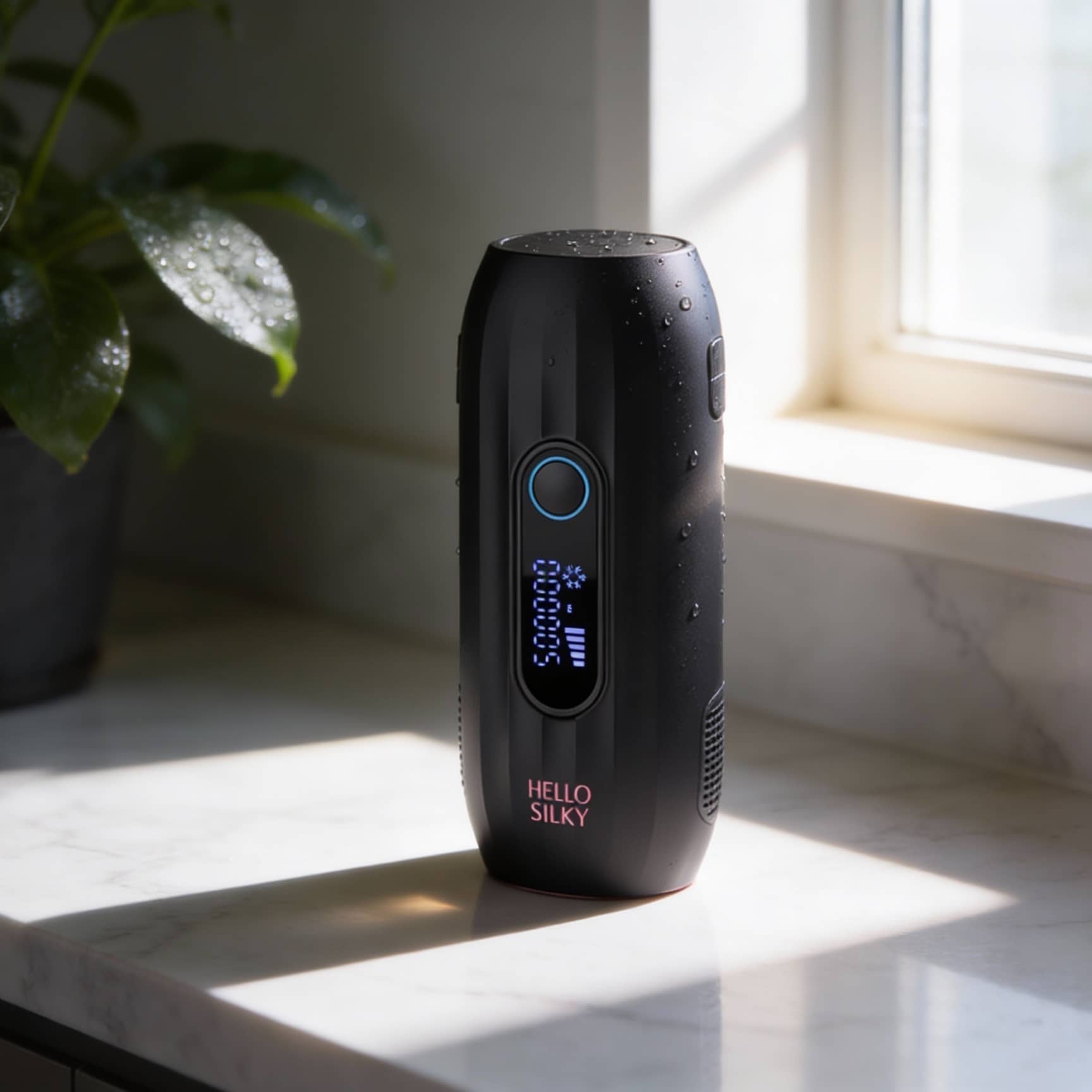 Black electronic device with digital display on a marble surface near a window